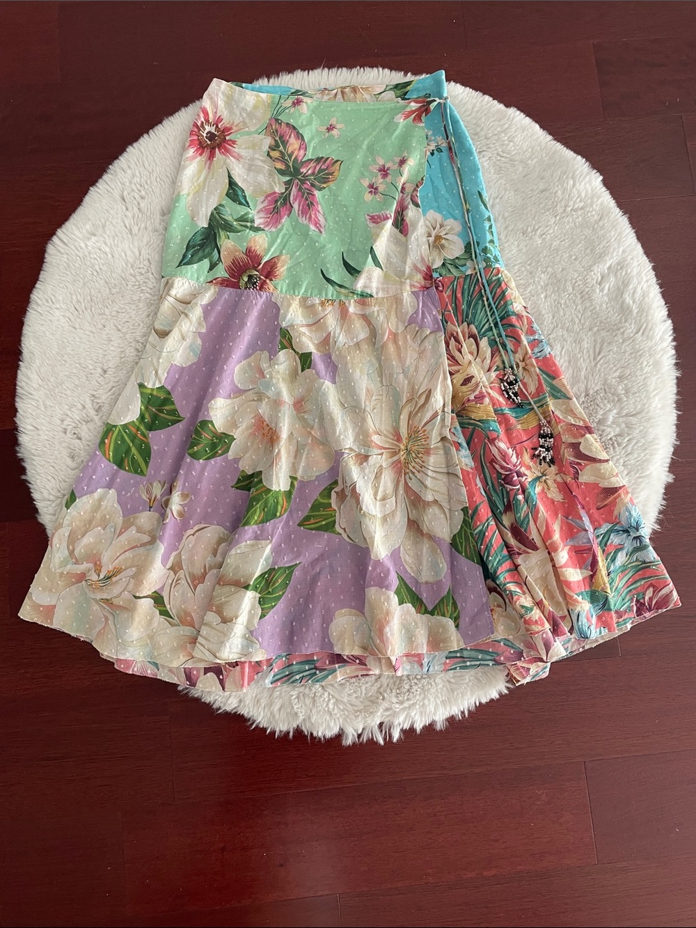 FARM Rio Floral Patchwork Midi Skirt in Mint, Lavender, Coral